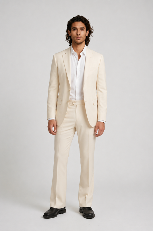 Blutailor Ivory bell bottoms 2-piece suit in premium fabric with a custom tailored fit, featuring a structured blazer and subtle flared trousers for a refined, elegant look.
