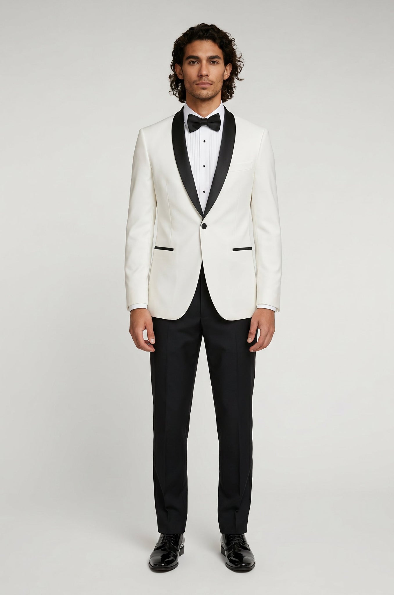 Blutailor ivory shawl lapel 3 piece tuxedo in premium fabric with a custom tailored fit, featuring a sleek blazer, waistcoat, and trousers for a refined and elegant formal look.
