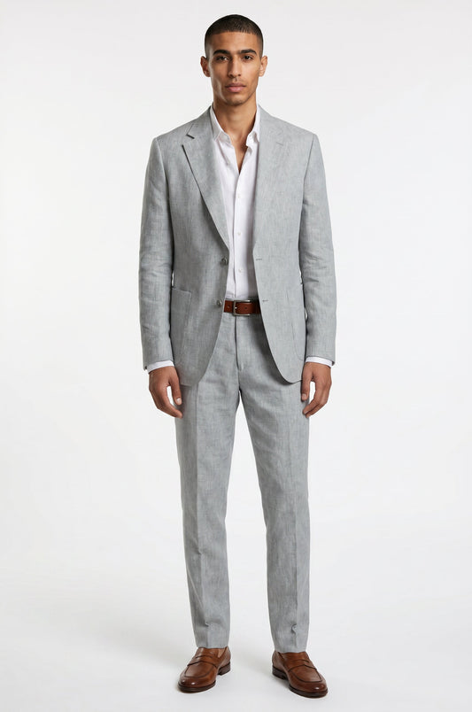 Blutailor Lunar Grey linen 2 piece suit in premium linen fabric with a custom tailored fit, featuring a tailored blazer and matching trousers for a refined, breathable, and sophisticated formal look.