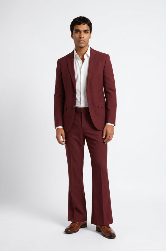 Blutailor maroon bell bottoms 2-piece suit in premium fabric with a custom tailored fit, featuring a structured blazer and subtle flared trousers for a bold, refined look.