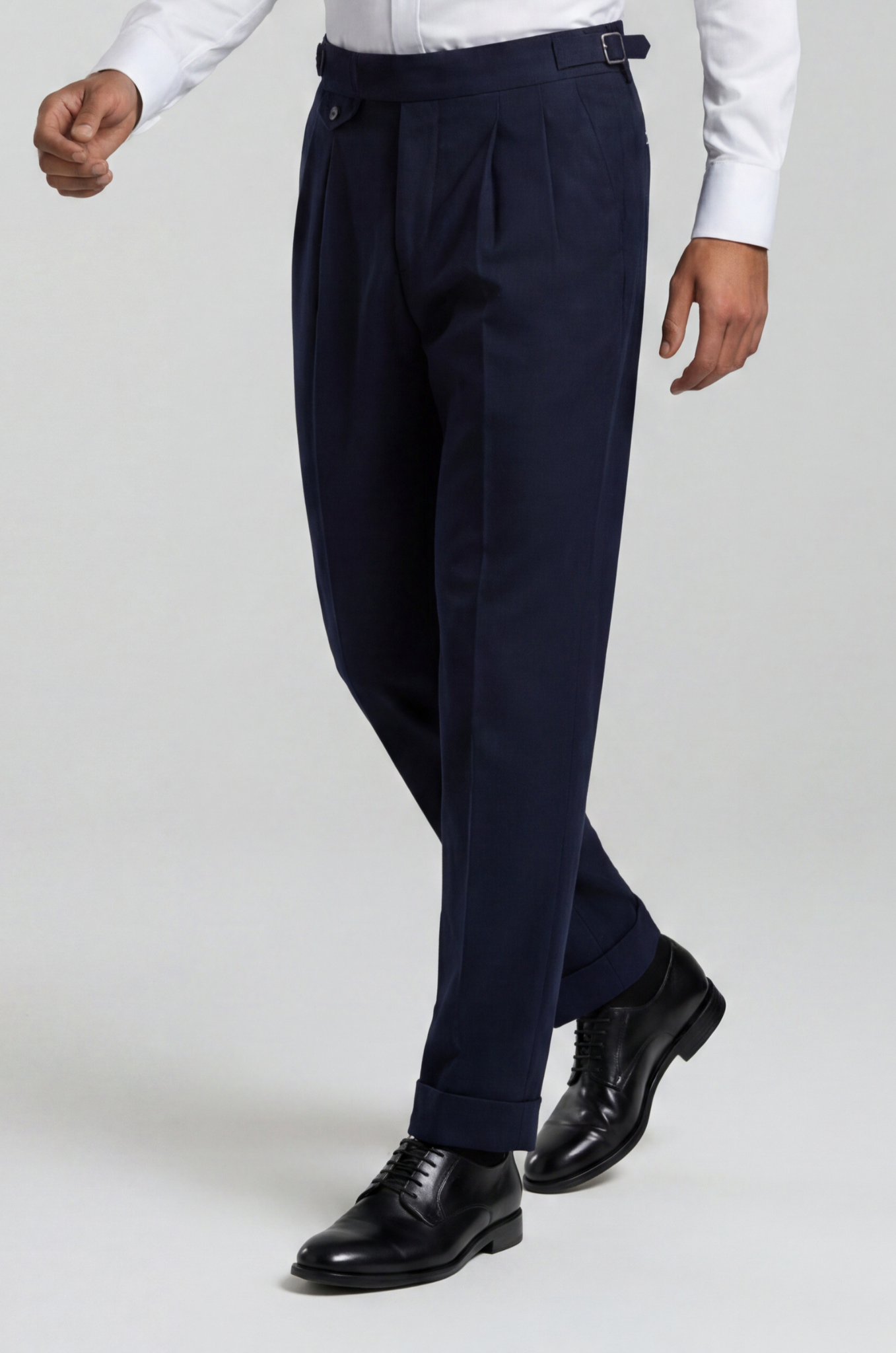 Blutailor midnight blue Gurkha pant in premium fabric with a bespoke tailored fit, featuring a deep rich tone, high-waist design, and adjustable side tabs for a refined, structured look.