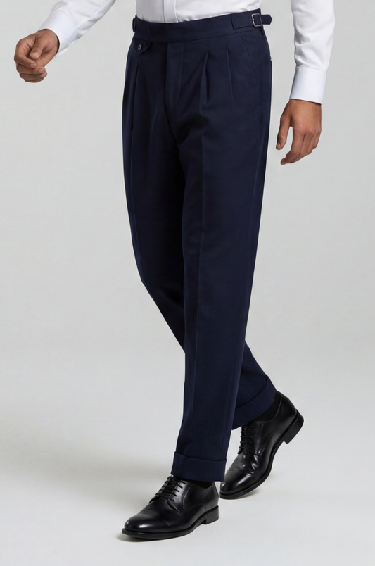 Blutailor midnight blue Gurkha pant in premium fabric with a bespoke tailored fit, featuring a deep rich tone, high-waist design, and adjustable side tabs for a refined, structured look.