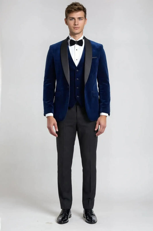 Midnight Blue 3-Piece Tuxedo – a sophisticated midnight blue ensemble featuring a bespoke tailored blazer, matching waistcoat, and trousers, crafted for a sharp, elegant silhouette and timeless black-tie refinement.