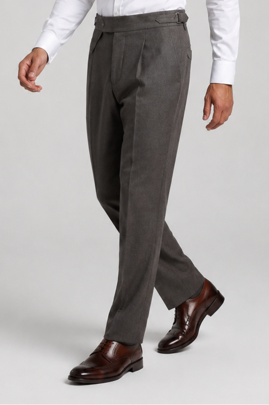 Men's Blutailor Milano Cloud Grey Gurkha Pant crafted from premium terry rayon fabric, featuring subtle cloud-inspired detailing, a high-waisted Gurkha-style waistband with adjustable side fasteners, double-pleated front, tailored tapered silhouette, and a refined aesthetic ideal for formal wear, business attire, weddings, and sophisticated occasion dressing.