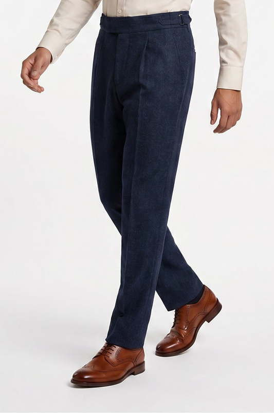 Men's Blutailor Navy Blue Herringbone Trousers crafted from premium fabric, featuring a rich navy blue herringbone weave, high-waisted Gurkha-style waistband with side adjusters, double-pleated front, tailored fit, and a sophisticated silhouette ideal for formal, business, and smart-casual dressing.