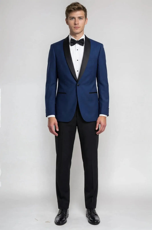 Navy Blue Shawl Lapel 3-Piece Tuxedo – a sophisticated navy ensemble featuring a custom tailored shawl lapel blazer, matching waistcoat, and trousers, crafted for a sharp, elegant silhouette and timeless black-tie sophistication.