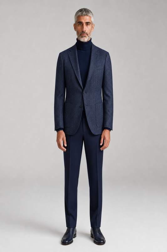 Men's Blutailor navy blue textured blazer crafted from a premium terry rayon and lycra blend, featuring an elegant Italian collar, tailored fit, notch lapel, and a sophisticated textured finish for formal and smart-casual styling.