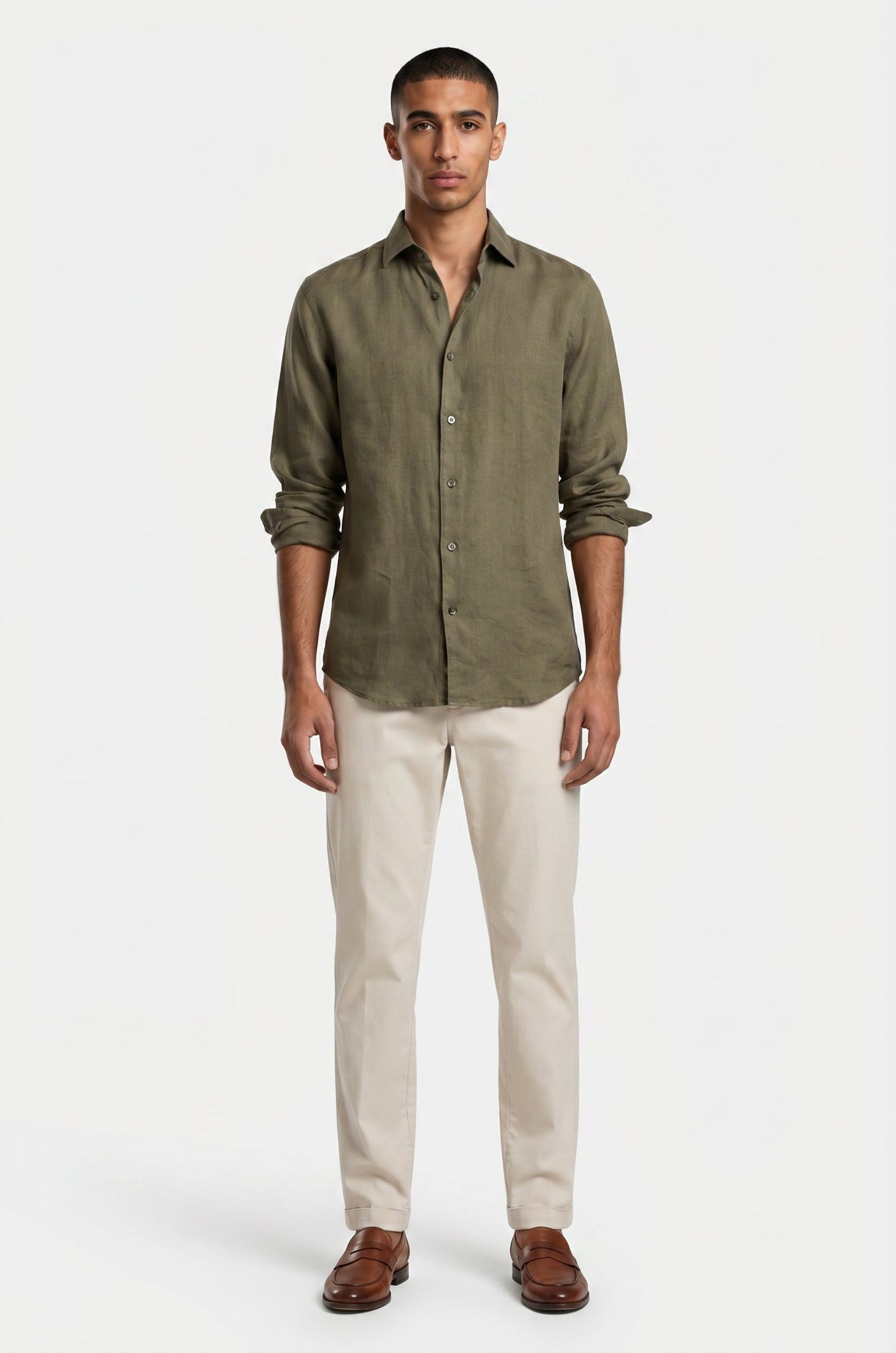 Blutailor olive linen shirt in premium breathable fabric with a custom tailored fit, designed for a relaxed, lightweight, and refined summer look.