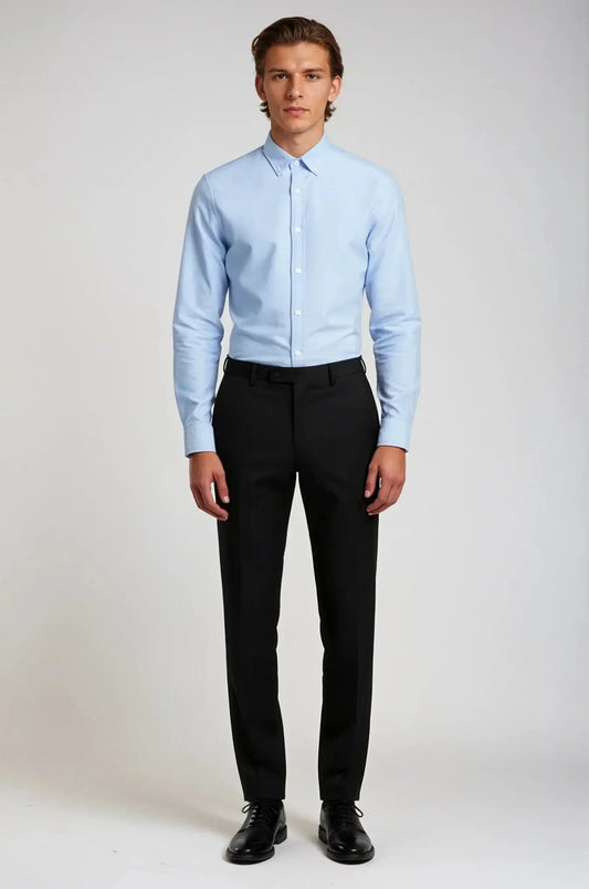 Blutailor Oxford Button Down Blue Shirt – a refined blue shirt featuring a custom tailored fit with a classic button-down collar, crafted for versatile smart-casual and formal sophistication.