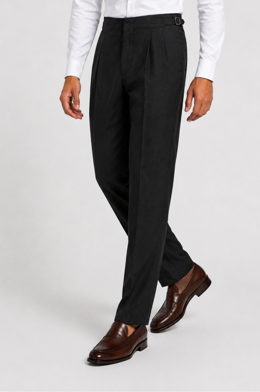 Men's Blutailor Regent Black Gurkha Pant featuring a deep black finish, premium tailored construction, high-waisted Gurkha-style waistband with side adjusters, double-pleated front, and a refined tapered silhouette, ideal for formal wear, business attire, and sophisticated occasion dressing.