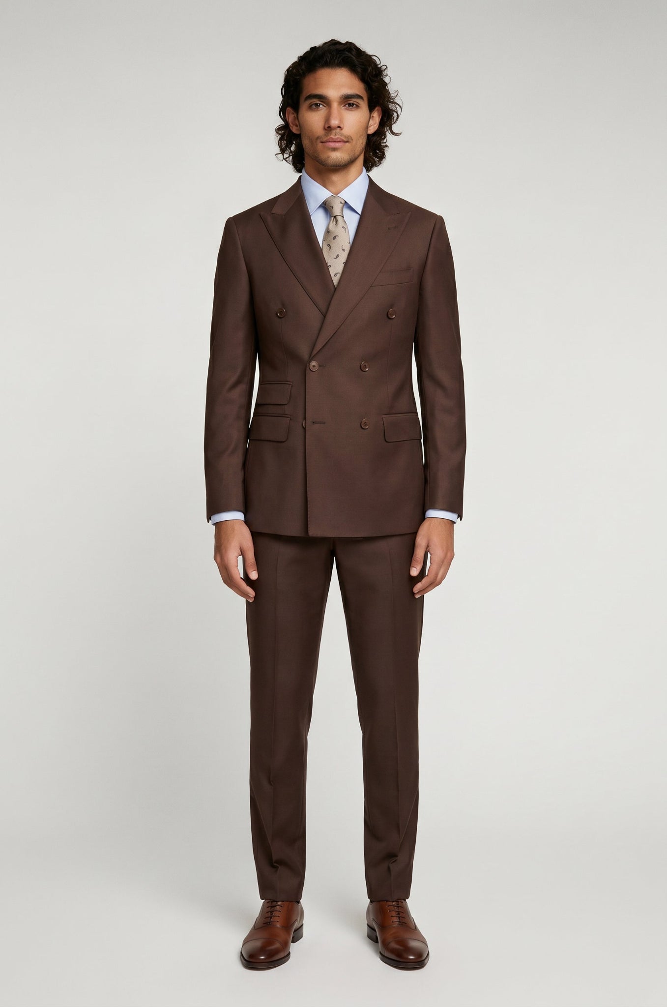 Men's Blutailor Brown Double-Breasted Suit crafted from premium terry rayon fabric, featuring a rich brown finish, double-breasted blazer with sharp peak lapels, matching tailored trousers, structured silhouette, and refined craftsmanship, ideal for business wear, weddings, formal occasions, evening events, and sophisticated celebration dressing.