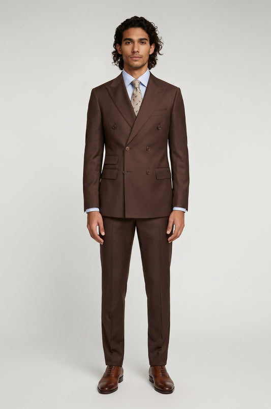Men's Blutailor Brown Double-Breasted Suit crafted from premium terry rayon fabric, featuring a rich brown finish, double-breasted blazer with sharp peak lapels, matching tailored trousers, structured silhouette, and refined craftsmanship, ideal for business wear, weddings, formal occasions, evening events, and sophisticated celebration dressing.