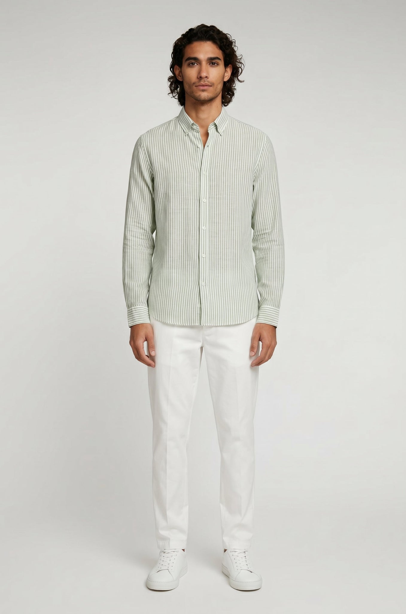 Blutailor sage pinstripe linen shirt in breathable premium linen with a custom tailored fit, designed for a clean, airy, and refined summer look.
