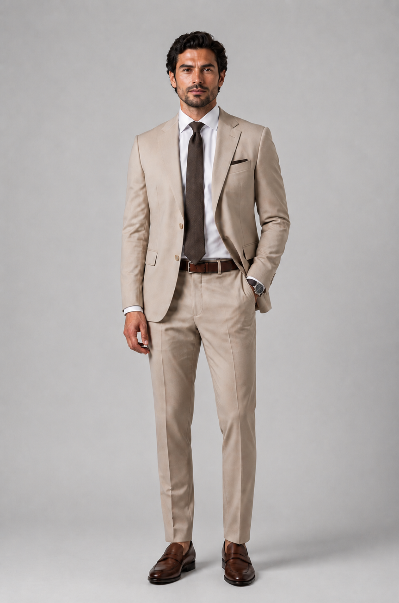 Men's Blutailor Sandstone Elite 2-Piece Suit crafted from non-mulesed 100% Super 100s worsted wool, featuring a sophisticated sandstone beige hue, tailored-fit blazer with matching trousers, structured silhouette, refined craftsmanship, and timeless elegance, ideal for business wear, destination weddings, formal occasions, and luxury daytime dressing.