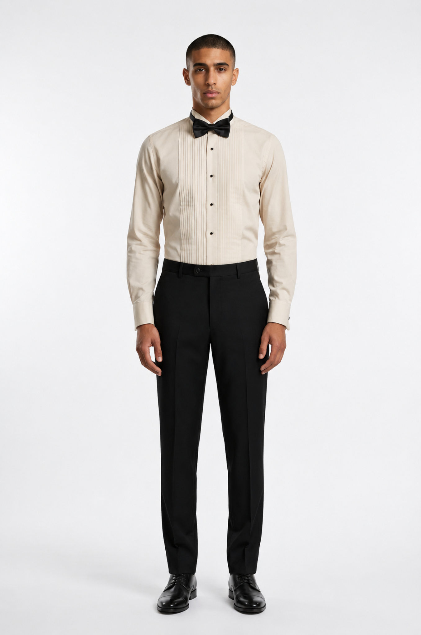 Blutailor sandstone cream double-panel knife pleated tuxedo shirt in premium fabric with a custom tailored fit, featuring sharp knife pleat detailing and a refined finish for an elegant formal look.