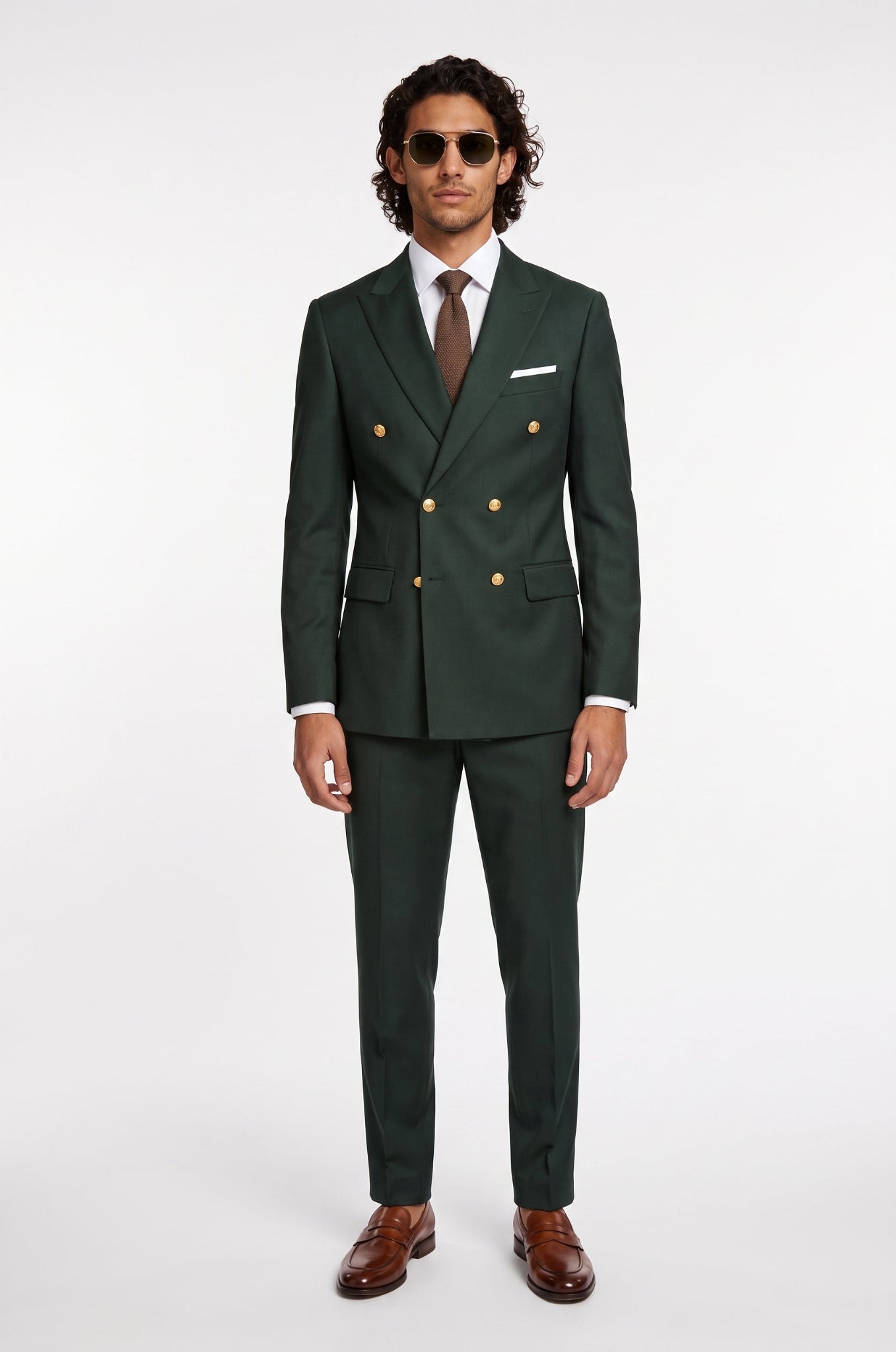 Men's Blutailor Savile Forest Double-Breasted Suit crafted from premium worsted wool, featuring a rich forest green finish, sharp peak lapels, and matching tailored trousers for timeless elegance and refined formal sophistication.