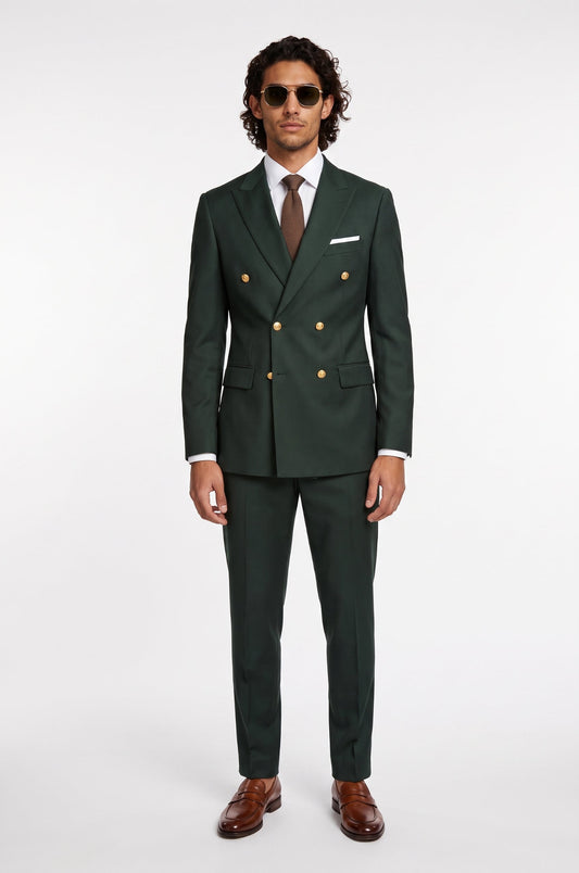 Men's Blutailor Savile Forest Double-Breasted Suit crafted from premium worsted wool, featuring a rich forest green finish, sharp peak lapels, and matching tailored trousers for timeless elegance and refined formal sophistication.