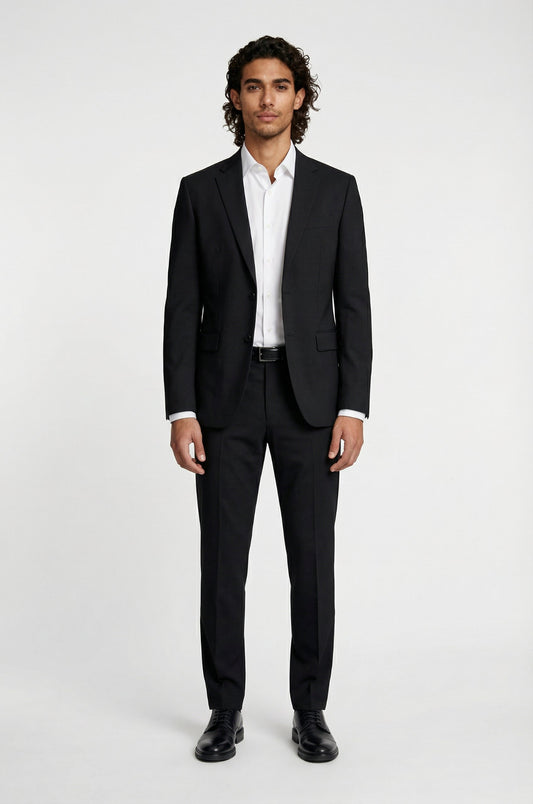 Blutailor Signature Black Terry Rayon 2-Piece Suit – a refined luxury ensemble crafted in premium terry rayon, featuring a sharp tailored fit, sleek lapel design, and a timeless black finish, ideal for formal evenings and elevated occasions.
