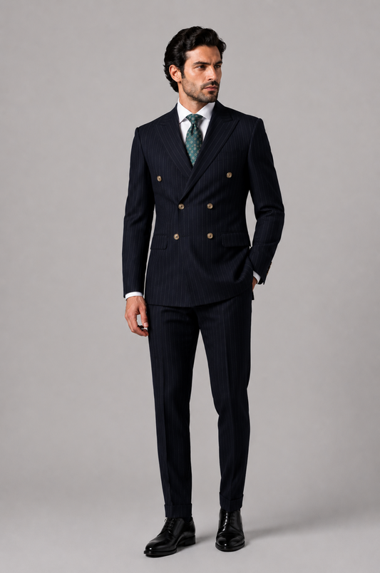 Blutailor Signature Midnight Blue Pinstripe 2 piece Double Breasted Half Canvas suit