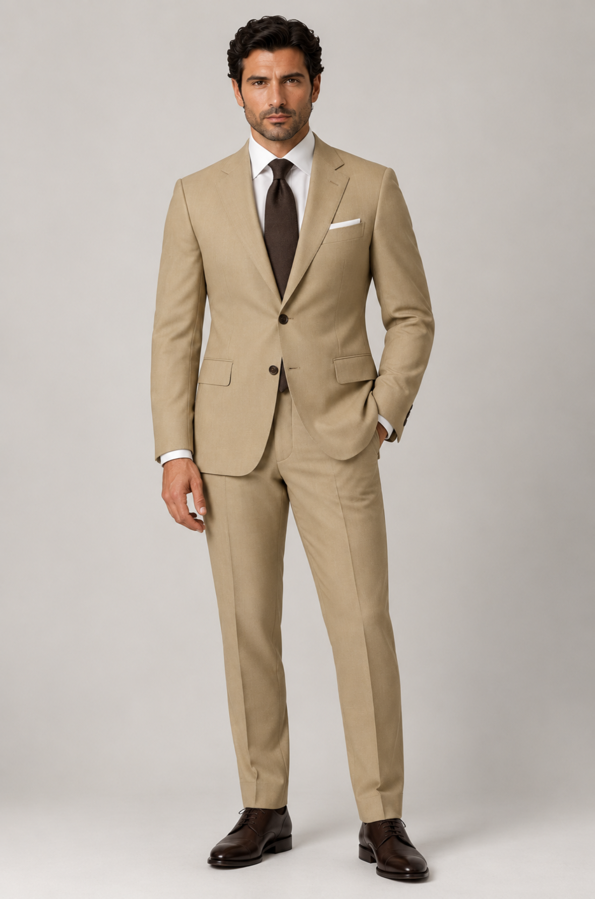 A man modeling a beige two-piece suit with a white dress shirt, dark brown tie, and white pocket square, standing against a light gray studio background.