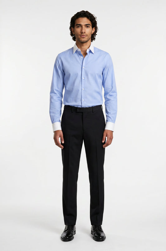 Men's Blutailor Skyline Contrast Shirt crafted from premium Giza cotton, featuring refined contrast detailing, a tailored fit, button-front design, and a contemporary aesthetic suitable for formal, business, and smart-casual occasions.