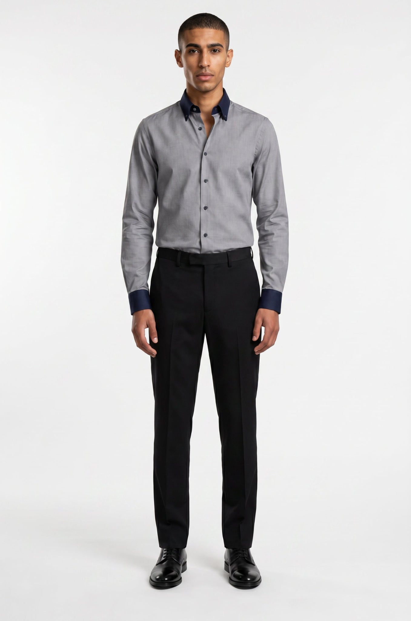 Men's Blutailor Slate & Navy Signature Shirt crafted from premium Giza cotton, featuring a sophisticated slate and navy color combination, tailored fit, button-front design, and refined detailing, ideal for formal, business, and smart-casual occasions.