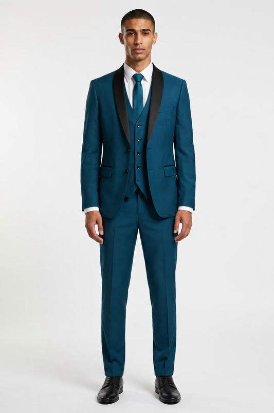 Blutailor teal blue shawl lapel 3 piece tuxedo in premium fabric with a custom tailored fit, featuring a sleek blazer, waistcoat, and trousers for a bold and sophisticated formal look.