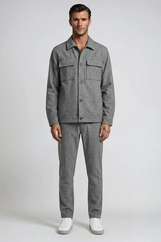 Blutailor Textured Grey Shacket – a refined grey overshirt featuring subtle texture detailing and a custom tailored fit, crafted for versatile layering and elevated smart-casual sophistication.
