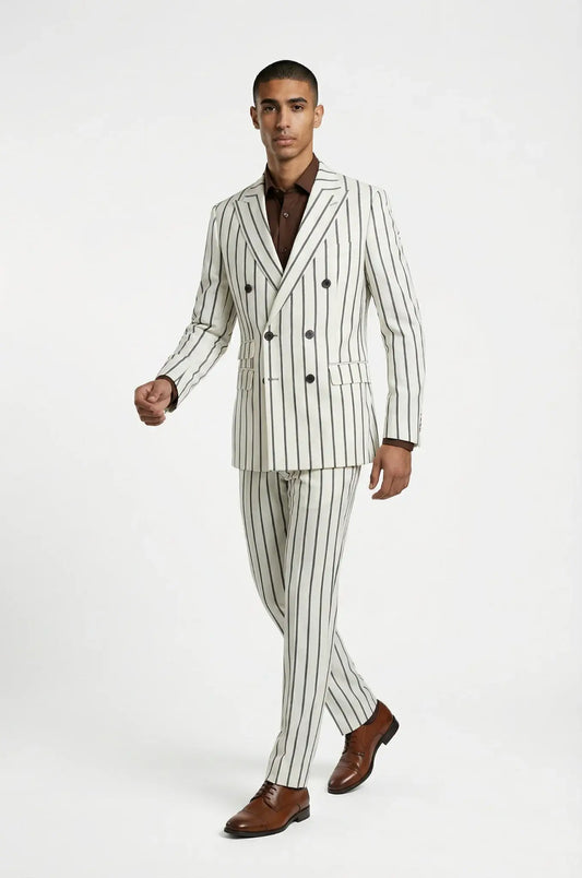Blutailor White Double Breasted Pinstripe Suit – a crisp white ensemble crafted in a premium Italian wool blend, featuring a custom tailored double-breasted blazer with subtle pinstripes and matching trousers for a sharp, sophisticated silhouette and elevated formal elegance.