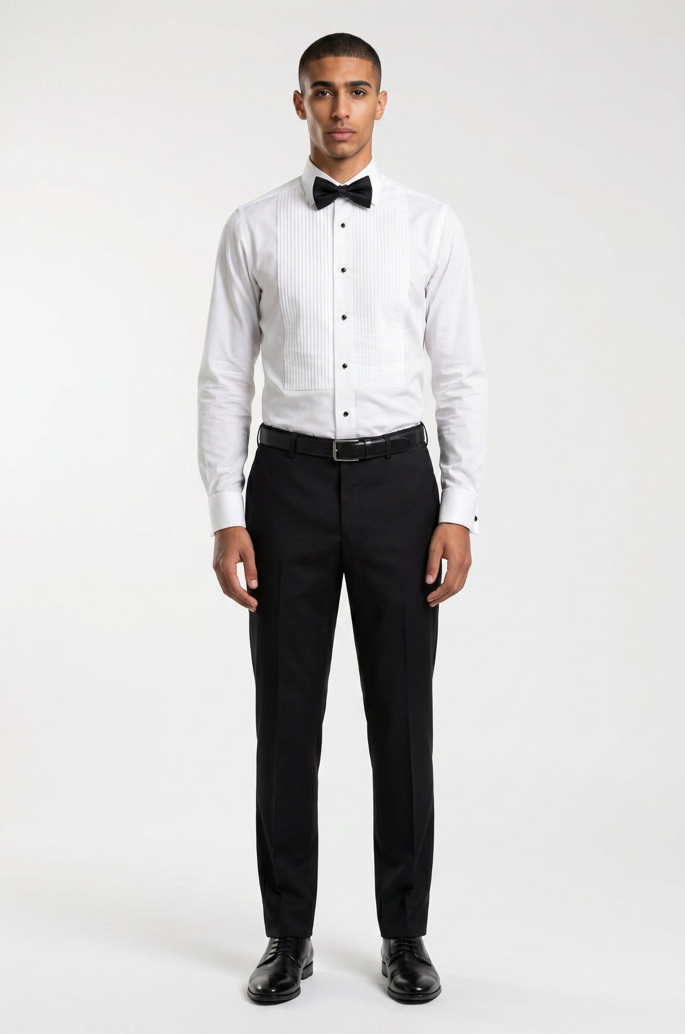 Blutailor white pleated tuxedo shirt in premium fabric with a custom tailored fit, featuring elegant pleat detailing and a crisp finish for a refined formal look.