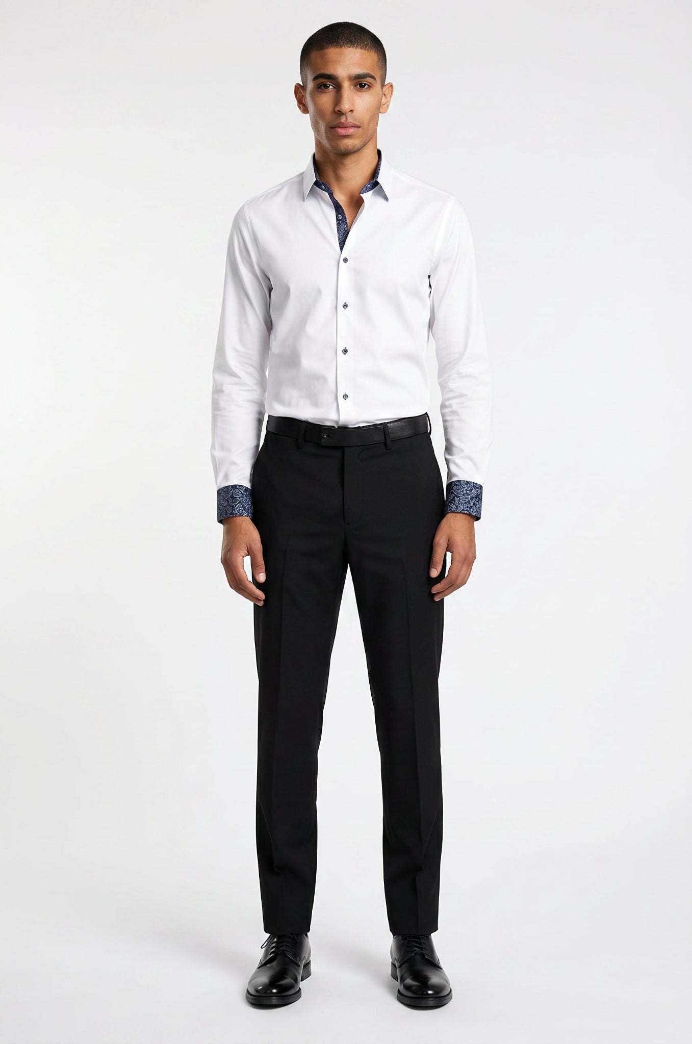 Men's Blutailor White Sapphire Paisley Accent Shirt crafted from premium Giza cotton, featuring a crisp white base, elegant sapphire paisley detailing, tailored fit, button-front design, and a sophisticated aesthetic suitable for formal, business, and smart-casual occasions.