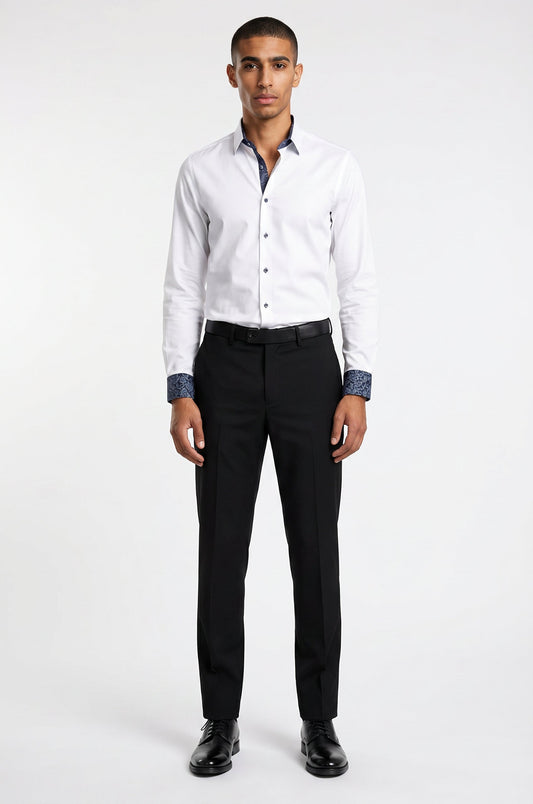 Men's Blutailor White Sapphire Paisley Accent Shirt crafted from premium Giza cotton, featuring a crisp white base, elegant sapphire paisley detailing, tailored fit, button-front design, and a sophisticated aesthetic suitable for formal, business, and smart-casual occasions.