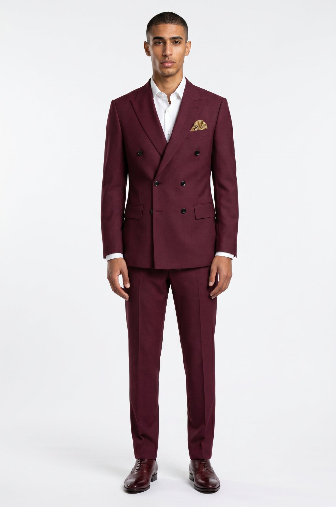 Men's Blutailor Wine Double-Breasted Suit crafted from premium terry rayon fabric, featuring a rich wine finish, double-breasted blazer with sharp peak lapels, matching tailored trousers, structured silhouette, and refined craftsmanship, ideal for weddings, receptions, formal occasions, evening events, and sophisticated celebration wear.
