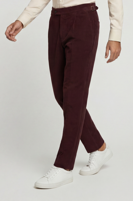 Blutailor wine Gurkha pant in premium fabric with a custom tailored fit, featuring a rich tone, high-waist design, and adjustable side tabs for a refined, structured look.