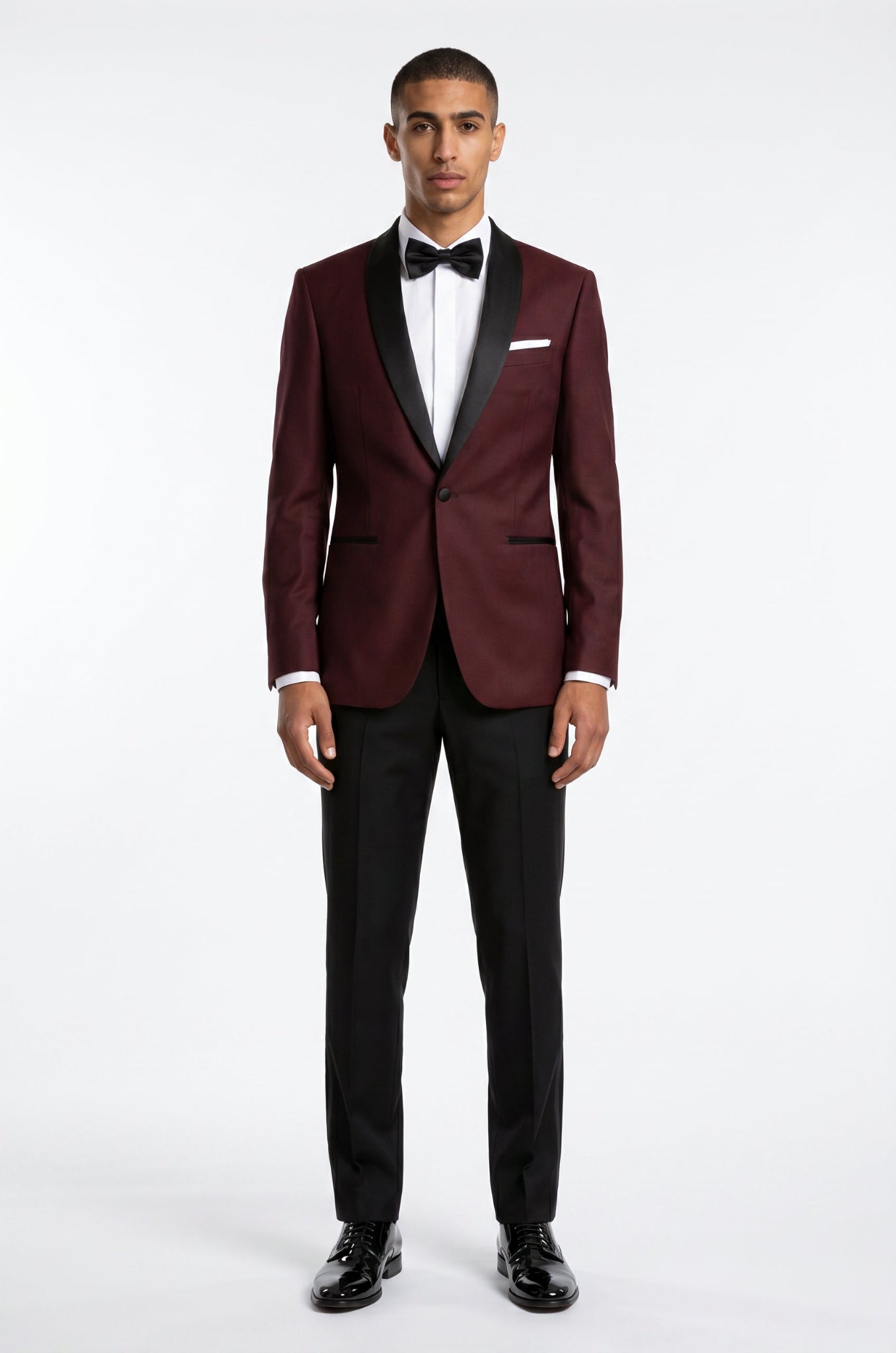Blutailor wine shawl lapel tuxedo in premium fabric with a custom tailored fit, featuring a sleek silhouette and refined detailing for an elegant formal look.