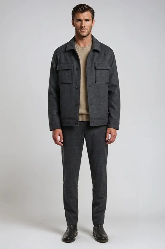Blutailor Wool Blend Charcoal Shacket – a sophisticated charcoal overshirt crafted in a premium wool blend, featuring a custom tailored fit that combines warmth, comfort,