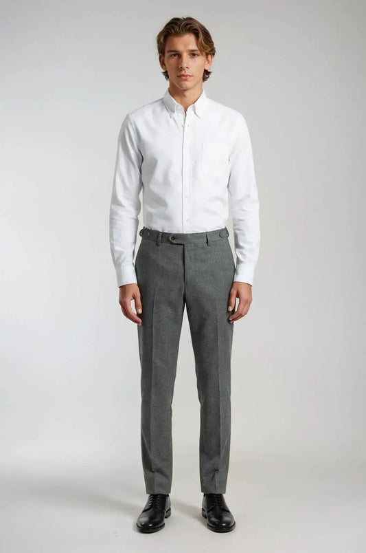 Blutailor Wool Grey Gurkha Pants – an elegant grey wool trouser featuring a bespoke Gurkha waistband with adjustable side tabs, crafted for a structured silhouette and refined, timeless sophistication.