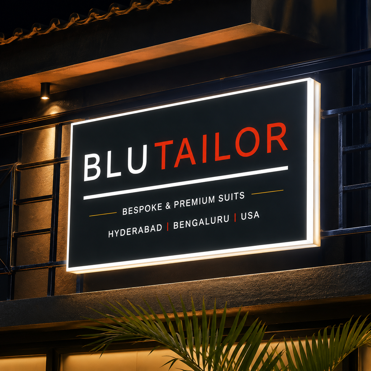 A rectangular illuminated sign for BLU TAILOR mounted on a building at night. The sign has a black background with white and red lettering, surrounded by a bright white LED border.