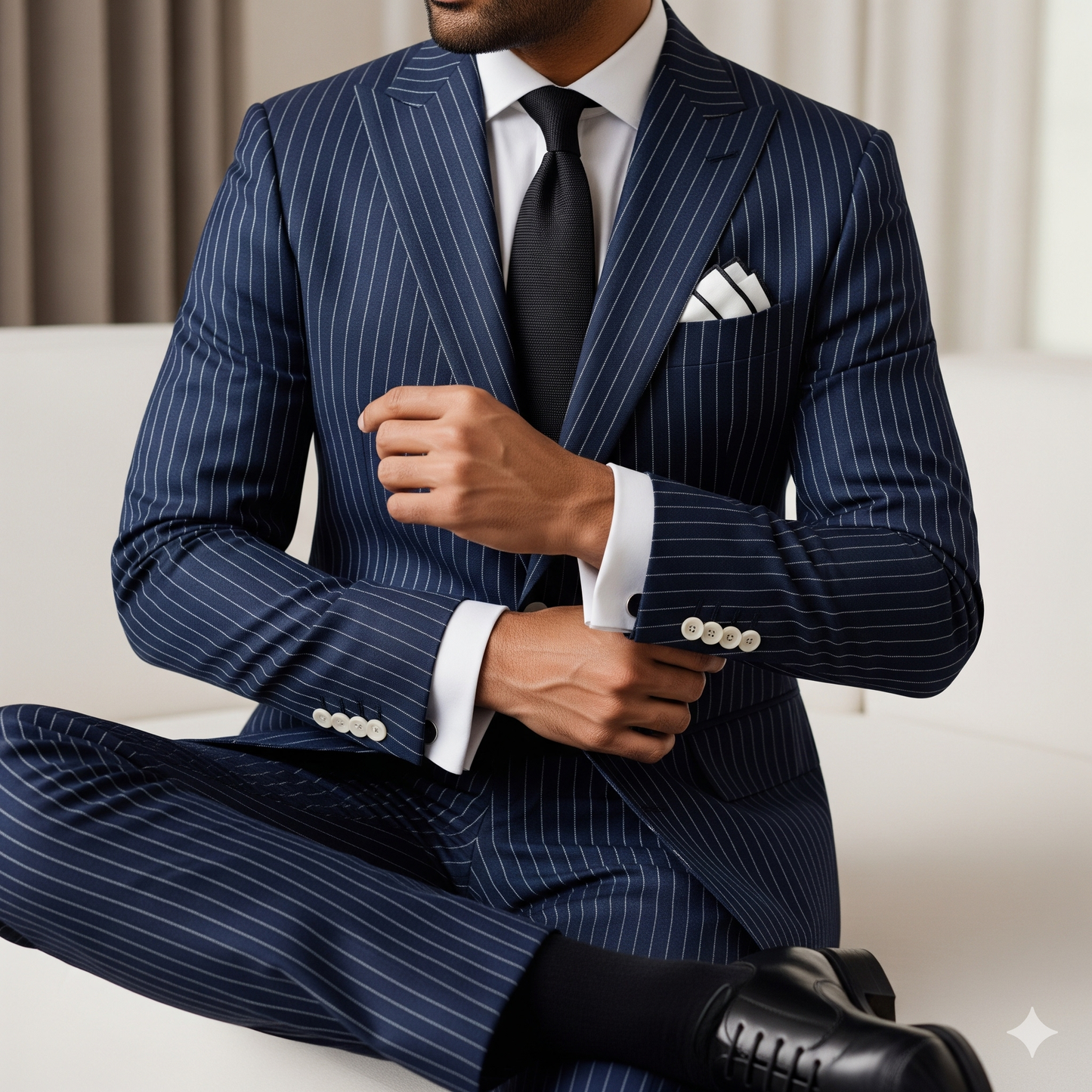 Man wearing a navy pinstripe suit with a white shirt and black tie, sitting on a light-colored couch.
