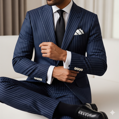 Man wearing a navy pinstripe suit with a white shirt and black tie, sitting on a light-colored couch.