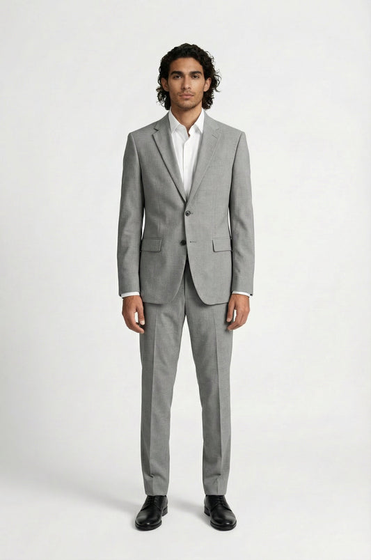 Blutailor Signature Grey Terry Rayon 2-Piece Suit – a refined grey ensemble crafted in premium terry rayon, featuring a tailored blazer and trousers designed for a sharp, modern silhouette and effortless formal elegance.