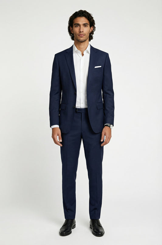 Blutailor Signature Midnight Blue Terry Rayon 2-Piece Suit – a sleek midnight blue ensemble crafted in premium terry rayon, featuring a tailored blazer and trousers designed for a sharp, contemporary silhouette and refined formal elegance.