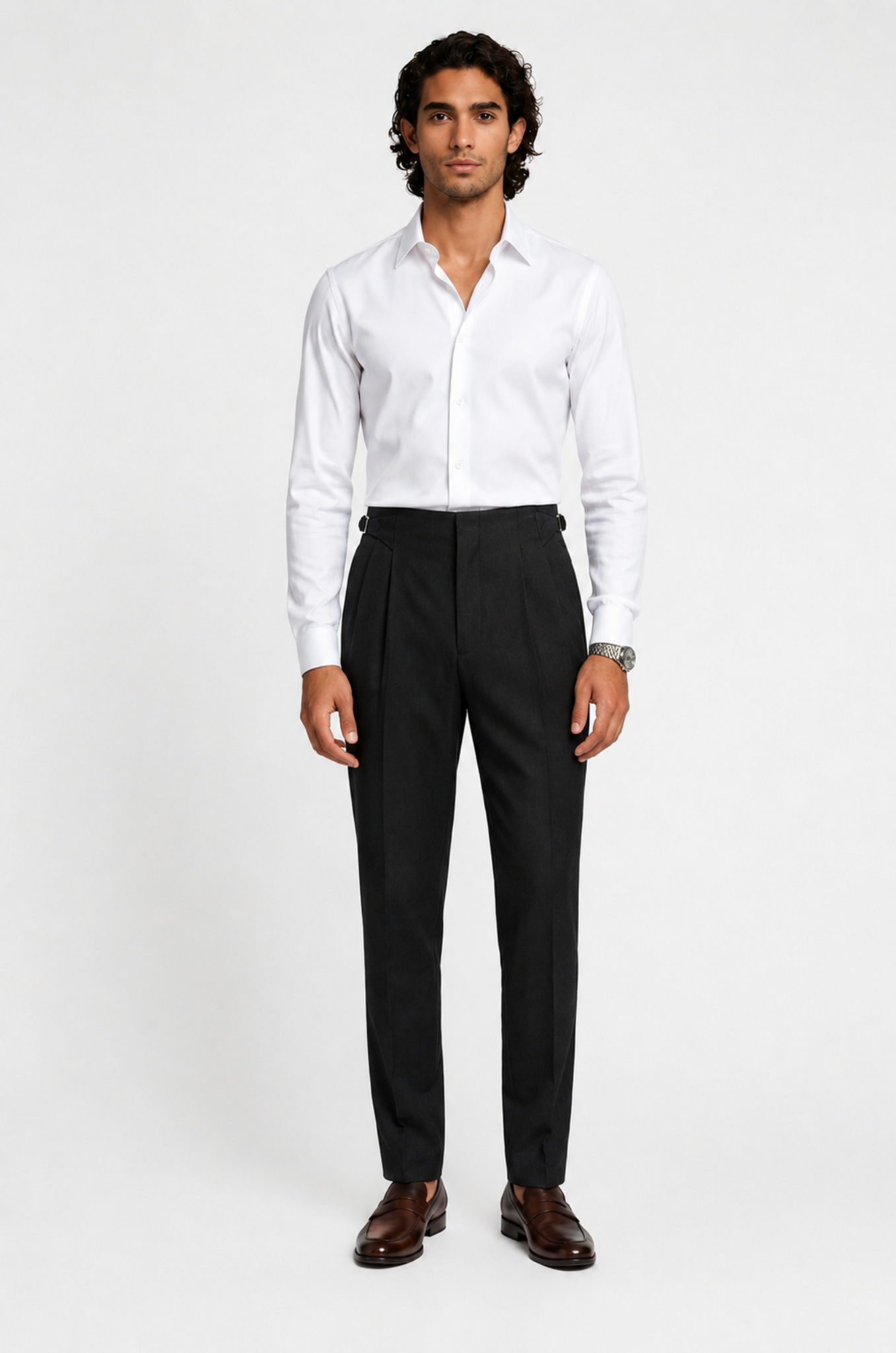 Men's Blutailor Regent Black Gurkha Pant featuring a deep black finish, premium tailored construction, high-waisted Gurkha-style waistband with side adjusters, double-pleated front, and a refined tapered silhouette, ideal for formal wear, business attire, and sophisticated occasion dressing.