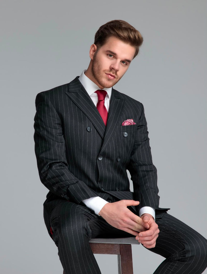 Blutailor classic black double breasted suit wearing a BluTailor bespoke suit