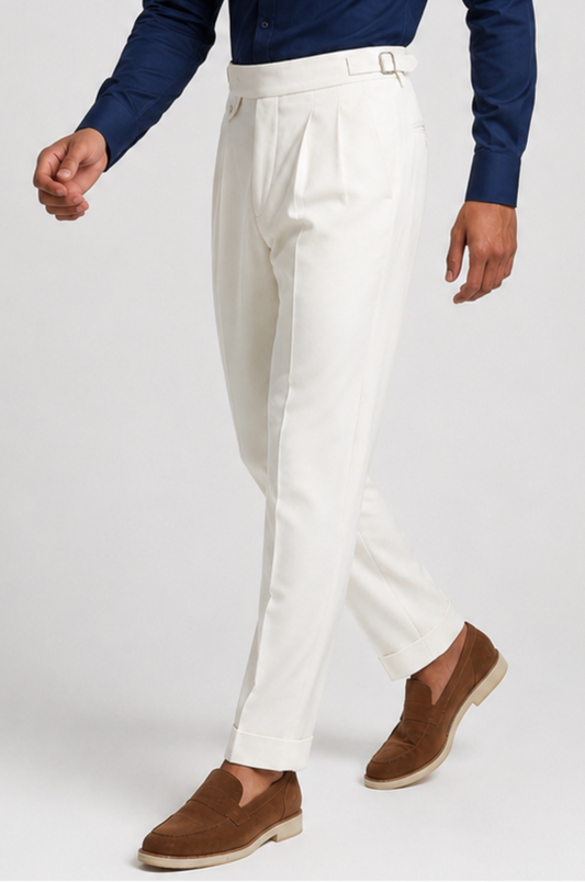 Men's Blutailor White Gurkha Pants featuring a crisp white finish, high-waisted Gurkha-style waistband with adjustable side fasteners, double-pleated front, tailored tapered silhouette, and refined construction, ideal for formal wear, resort styling, weddings, and elevated smart-casual occasions.
