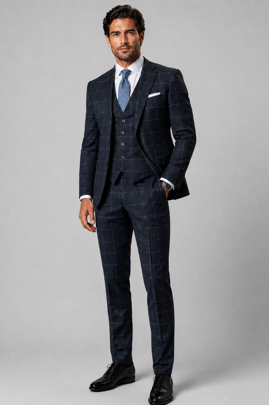 Men's Blutailor Signature Collection Navy Windsor Grid 3-Piece Suit crafted from 100% worsted wool, featuring a sophisticated navy grid check pattern, tailored-fit blazer, matching waistcoat and trousers, structured silhouette, refined craftsmanship, and timeless elegance, ideal for business executives, weddings, formal occasions, and luxury occasion wear.
