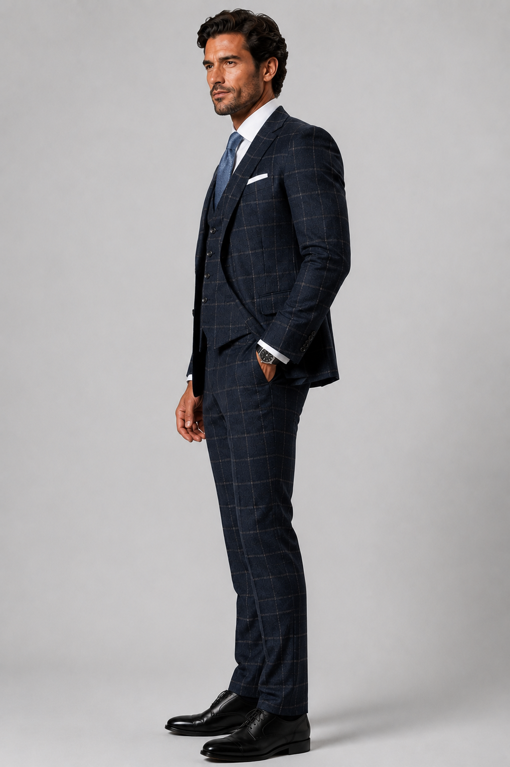 Blutailor Navy Windsor Grid 3 piece Suit