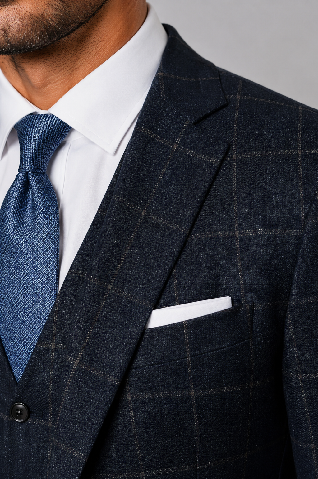 Blutailor Signature Navy Windsor Grid 3 piece Half Canvas Suit