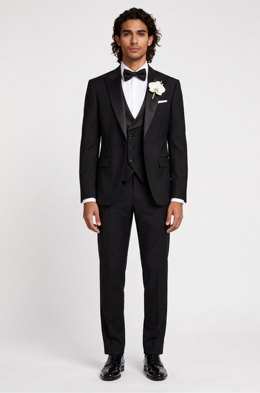 A stylish foreign man confidently wearing a tailored black suit by Blutailor, showcasing a modern and sophisticated look. The suit features a sleek silhouette, perfectly complementing his unique style.