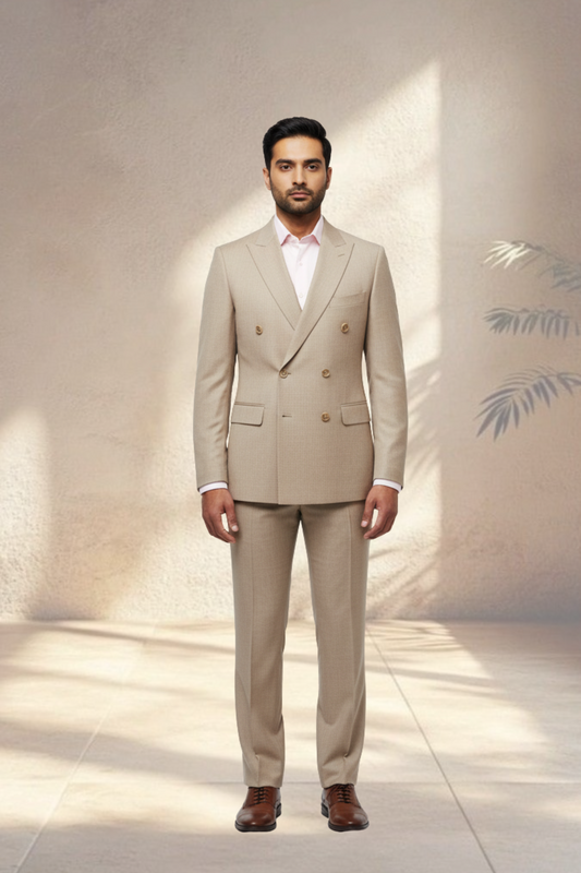 2 Piece Double Breasted Beige Suit